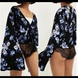 Free People Intimately Forties Feels Bodysuit in Black Floral - Size Small